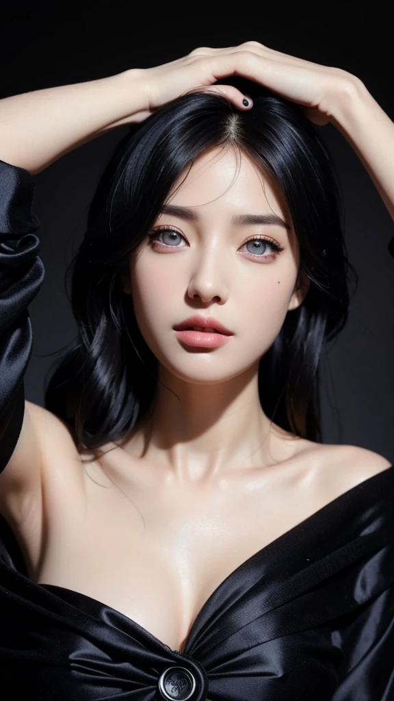 masterpiece, best quality, Extremely detailed, extremely detailed extremely detailed, Practical, Distinctive features, Very detailed, Clear focus, Perfect face, Perfect face, Perfect symmetry perfect eyes, Perfectly plump lips, Flexible female form, Movie, lamp, Ultra Detailed, hyper Practical, masterpiece, atmosphere, high resolution, energetic, Dynamic studio lamp light, National Foundation, ((Dark background)), Sexy face, Facial expressions when you are happy, Straight bangs, Large Breasts, Cleavage exposed, blue eyes,Black Sweater, ((Cowboy shooting, mole under eyes,)),Half-length photo,Complete,