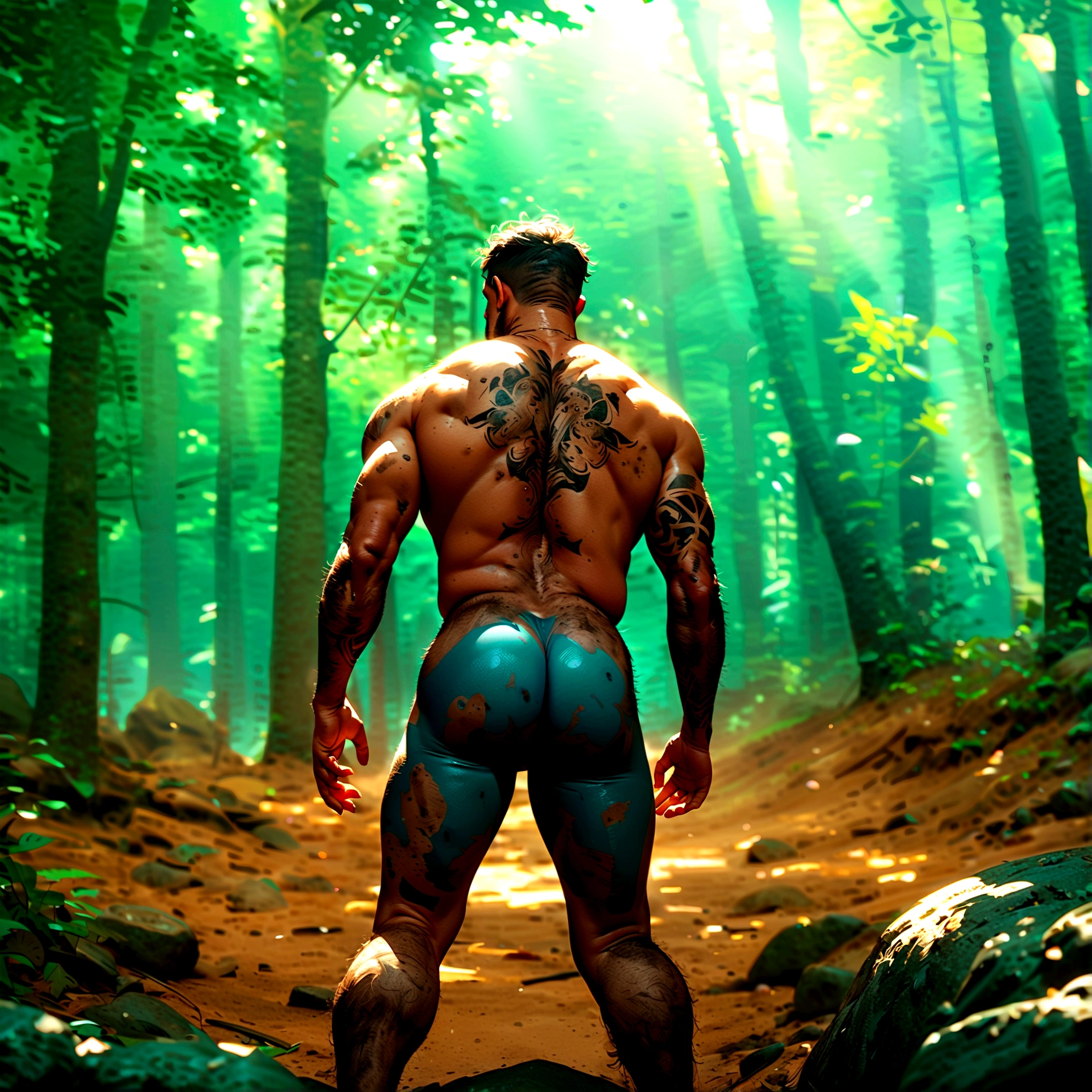 hombre en el forest, naked ass, Angle from below, forest, Sun light, masculine, hairy ass, bully, tattoos, stained, dirty, realist