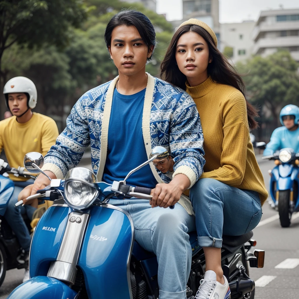 an Indonesian man, short slick-back hair, wearing a blue t-shirt and retro patterned jacket color is blue, wearing blue jeans, wearing white shoes, and an asian woman long hair, wearing yellow sweater, black jean adn whit shoes, riding a shiny blur color motorbike, wearing a classic shiny white helmet, urban background, HD quality