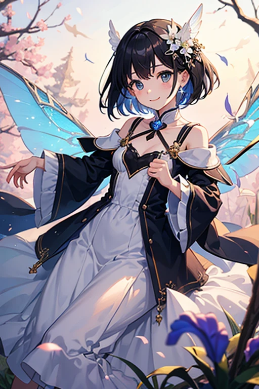 Highest quality、Black Hair、Iris、short hair、girl、cute、、、Small hair ornament、1 person、The background is the forest、Fairy Cosplay、It has two wings on its back、Gentle smile、Flying in the sky with wings、Floating in the air