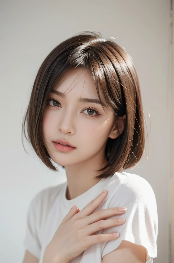 Create an image of a young woman with a short bob haircut, characterized by a sleek and slightly tousled appearance. Her hair color is a soft brown with subtle highlights, and she has long, wispy bangs that frame her face delicately. She has a youthful, fresh look with minimal makeup, giving her a natural and radiant complexion. The background is plain and white, emphasizing her features. She wears a simple, white shirt that adds to the clean and effortless style of the image. One of her hands, with neatly manicured nails, is gently touching her cheek, adding a soft and thoughtful expression to her face. 