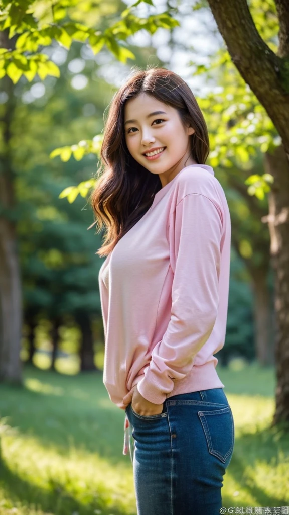 ((最high quality, 8K, masterpiece: 1.3)), (close:0.75), Realistic, Sharp focus, high quality, High resolution, Portraiture, Portraiture, Japanese,Boyish woman with huge bust、 years old、Chubby body type、Her breasts are huge, measuring 40 inches. (Wearing pink sweatshirt top and bottom),{Extremely large breasts}、 ((Very strong sunlight)), smile, Orange-brown berry short cut, Enjoying the cool evening air in the shade of the trees in a midsummer forest、 Cowboy Shot8K High Quality、smileのアップ画像、