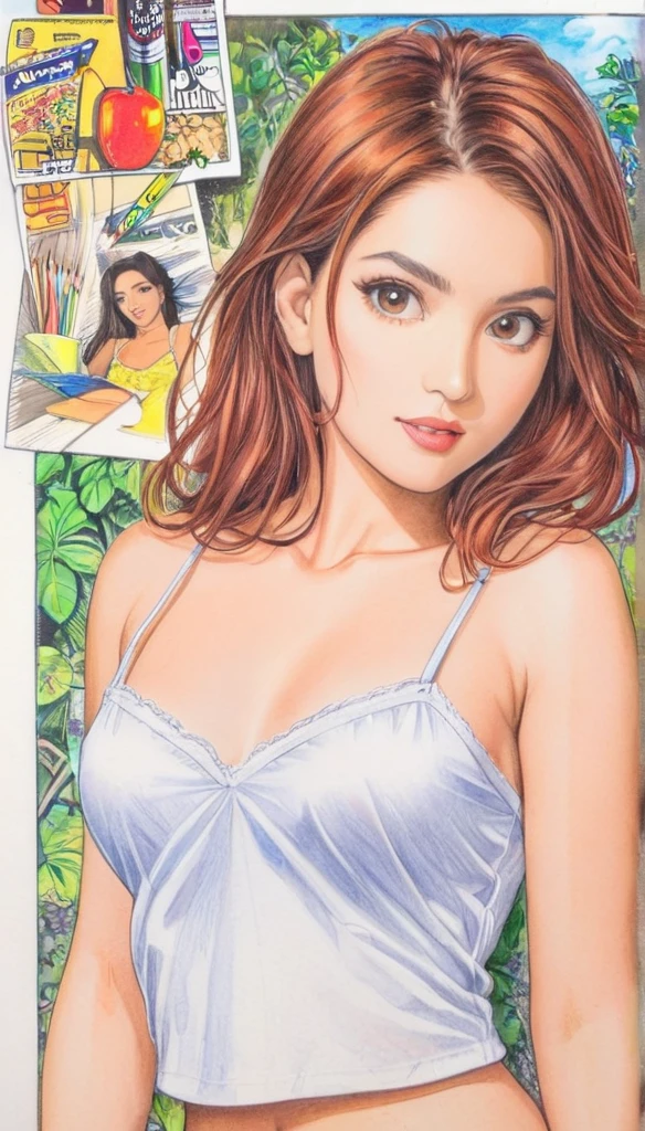 female,short camisole,white,Art,ad,colour pencil drawing,draft drawing ,comic collage