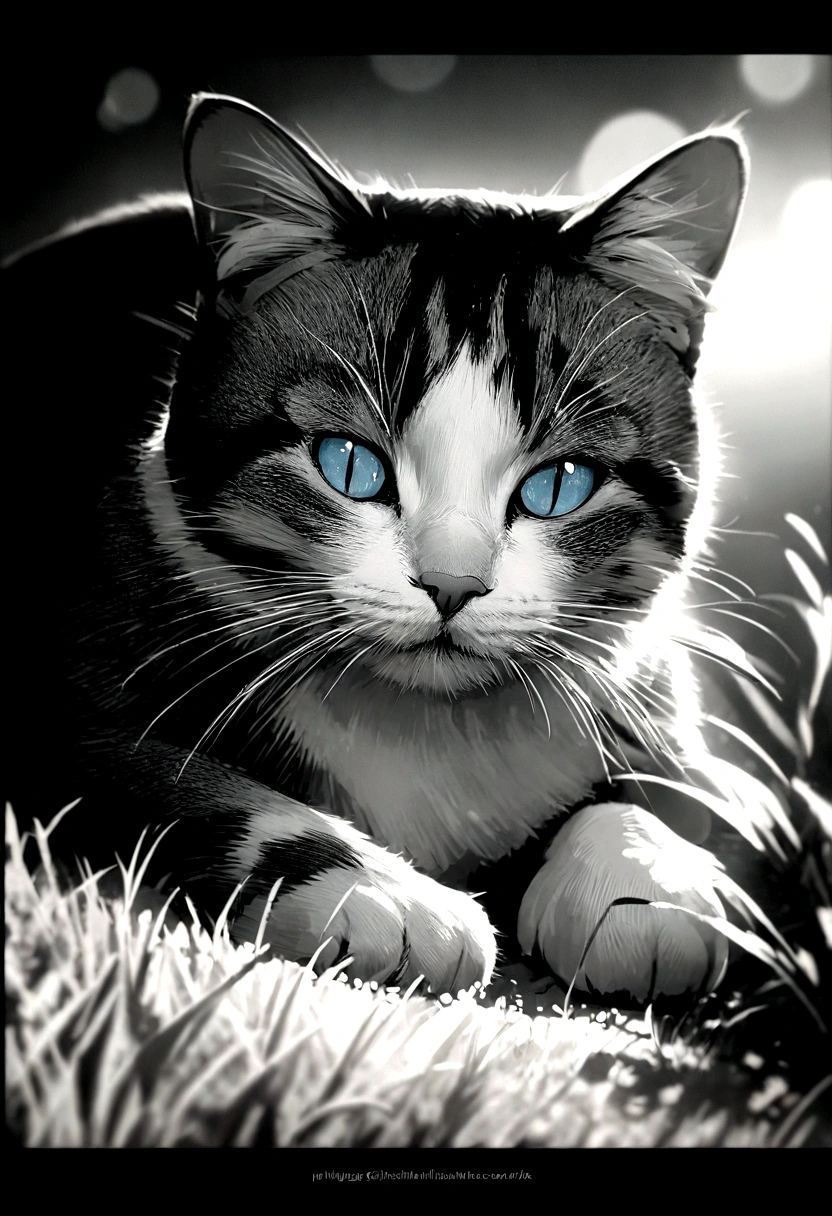 cinematic film still of bright light, bright, two Cat with blue eyes looking at the camera High-key lighting Style,alone,View your viewers,Simple Background,Monochrome,grayscale,No humans,animal,watermark,Border,Cat,elongated pupils,Web address,close,Realistic,animal focus,Beard, Shallow depth of field, Vignette, Very detailed, High budget, Bokeh, CinemaScope, Sulky, amazing, nice, Film Grain, granular,On the grass