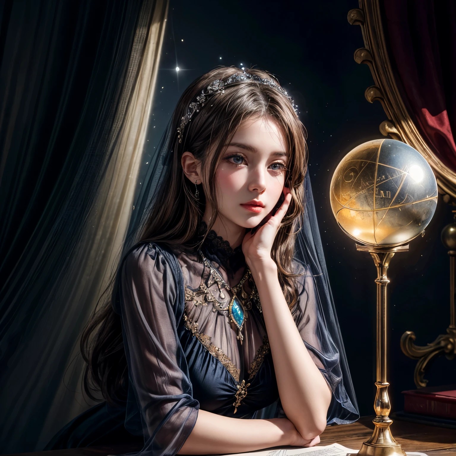modern style,Realistic,Real,Photorealistic,Actual photo,colorful,Inside the store,Dark and narrow room with closed curtains,No light comes in from outside,
((A large crystal ball in the middle of the desk,Horoscope on the wall,))
Orange lighting,mysterious,mysterious,
An astrologer,gently,((Her face was covered with a see-through veil)),
Across the desk,Get a Consultation,Listen,Tell me the way to go,
The interior is modeled after celestial bodies,Blue and Black,The curtains are closed,Celestial Image,
Detailed Description,View here,Mysterious atmosphere,
Perfect face and body,Detailed face,Perfect Anatomy,Beautiful Face,
masterpiece,Highest quality,8K,High resolution,Raw photo,Professional,Wide-angle shot,
Award-winning,Browsing Caution,
Low Key Lighting,Backlighting,
Eye Level Shot,Front shot,
Medium Shot,
Physically Based Rendering,
Thin contours,