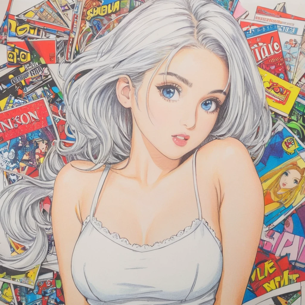 female,short camisole,white,Art,ad,colour pencil drawing,draft drawing ,comic collage