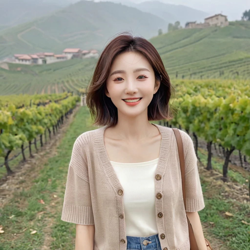 8k best picture quality, Beautiful 36-year-old Korean woman, You have good skin and big and pretty eyes.. Chest size 34 inches, italian countryside, past the vineyard, The cathedral can be seen in the distance in thick fog.., The back background is realistic and vivid quality., Short and medium hair blowing in the wind, Wear a short cardigan over a high-end luxury short-sleeved knit top. beige jeans, smile. the background is clear, Short and slim Korean woman, stand far away, Photo taken with a wide-angle lens, 1 woman