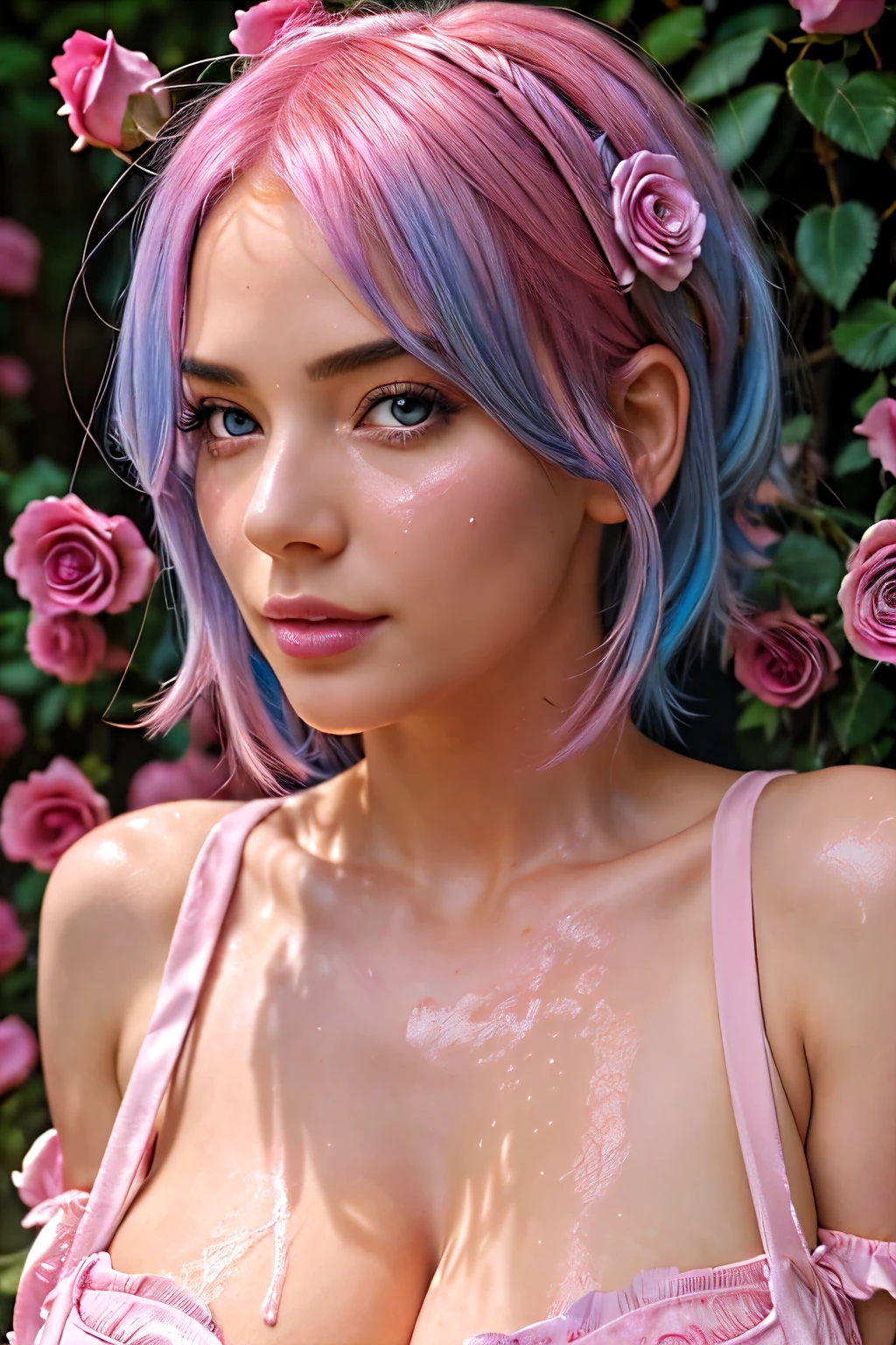 highly detailed, seductive erotic female is sweating,  covered in rose pedals, (busty, pink/blue hair), centered on the face, face focused, intricate eyes,