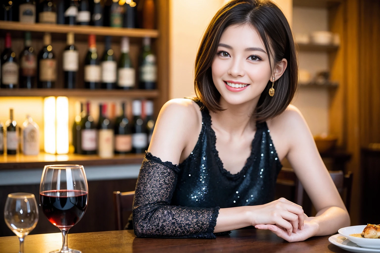 ((Highest quality、8K、masterpiece:1.3))、slimカップル、modelカップル、(Realistic, Intricate details:1.2), full-course dinner、Wine Party、Amazing view of the sunset sky and clouds、A bright smile、The wonderfulness of smile、Bright image、The beauty of wine, Beautiful Face, blue eyes, The light shines on your face, Blushing, short hair,Bright Face、 (Age 37), 39 years old, red wine 、Appetizers、Italian food、Wine bottle、Champagne、sparkling wine、Two beauties、Brown Hair、Shortcuts、Long sleeve shirt、dress、Beautiful woman 1, (slimな顔), (The body is slim), (Brown Hair), (Shortcuts), cheeks turn a little red,Attractive beauty、restaurant, In a prominent place (From the waist up) Nova Frog Style, actress, model, Upper Body, White wine, slim, wine glass, 中央に置かれたwine glass, smile, (smile: 1.15), Beautiful fine grain, Depth f/2,saturation, High Contrast, Strong light and shadow,Moist Body:1.5、3D texture、Delicate eyes、Brown Hair、The hair is very shiny、