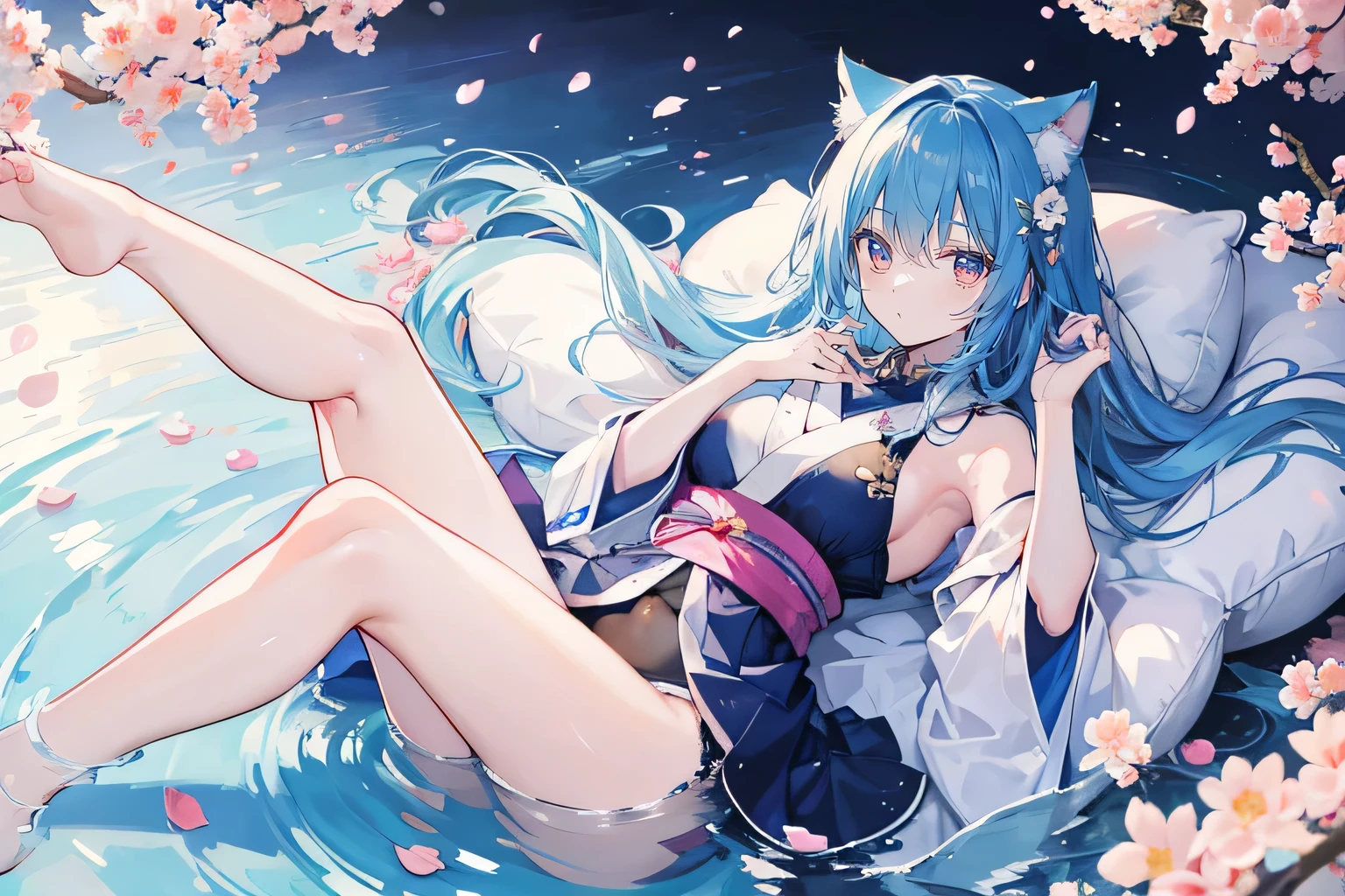 （masterpiece：1.2），Super detailed，lifelike，Expressive eyes，fair skin，perfect face shape，1 girl，
Japanese comics,Gorgeous blue hair,flowing blue hair,flowing clothes,Cat ears,Petals fall,beautiful lola,Baby Angel,
Shaking head with one hand，Cross your legs，，The pavilion is cool and comfortable,smile,back views,sunrise,Petals fall, winter,lie on the water，Nun&#39;s Clothes，stately church。