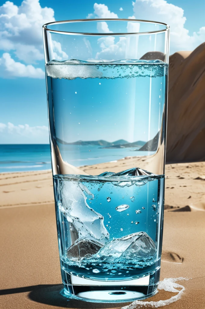 6 transparent glasses filled with 70% water. All of them are mixed with following:- Salt in Water, Sugar In Water, Mud In Water, Sand in water, starch in water, milk in water. Hyper realistic like real world, 4k