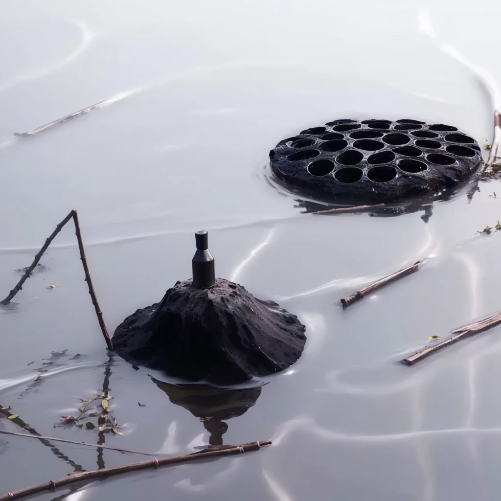 There is a black object floating on the water，There&#39;s a broom on it., In the pond, Hair floating on water, Covered with magnetic fluid. Digital SLR Camera, scifi gadgets In the pond, Filled with magnetic fluid, Nature documentary stills, Nature documentary stills, black lotus, Magnetic fluid in the background, Nest, Floating underwater in the lake