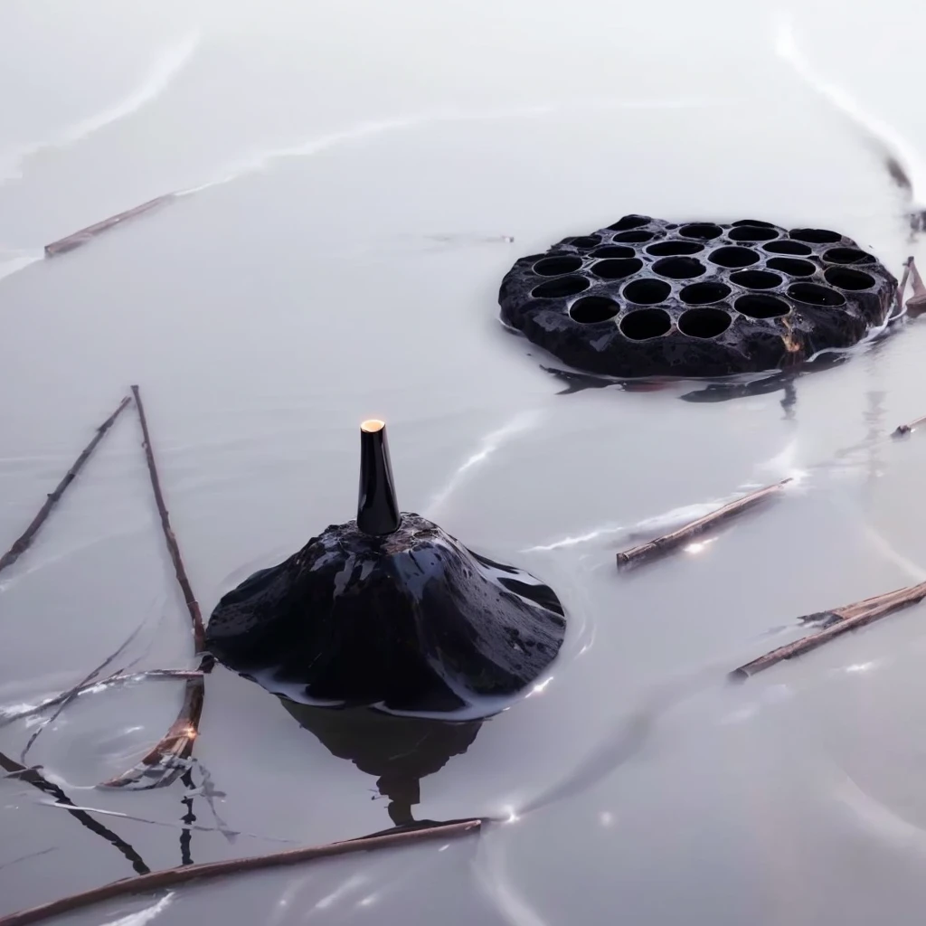 There is a black object floating on the water，There&#39;s a broom on it., In the pond, Hair floating on water, Covered with magnetic fluid. Digital SLR Camera, scifi gadgets In the pond, Filled with magnetic fluid, Nature documentary stills, Nature documentary stills, black lotus, Magnetic fluid in the background, Nest, Floating underwater in the lake