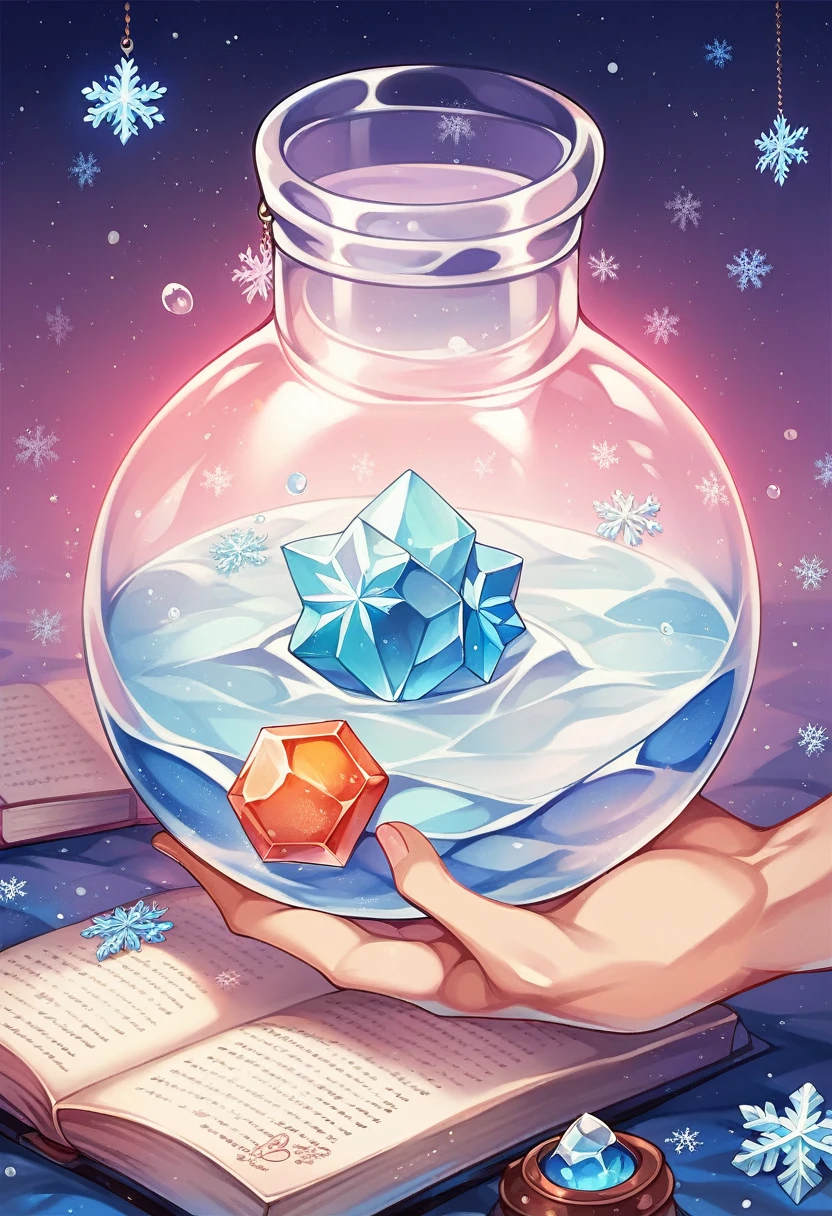 fuwafuwa, illustration, round vial, snowflake in small bottle, dynamism, crystal, water, no_girl, no_boy, colorful, cute, fantasy, pastel tone, world like in a picture book, soft touch