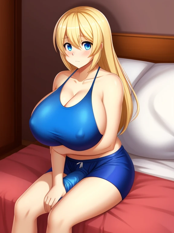 Blonde hair, blue eyes, shy, large breasts, swimsuit, wear men's boxers, big penis under boxers, sexy pose, on bed,