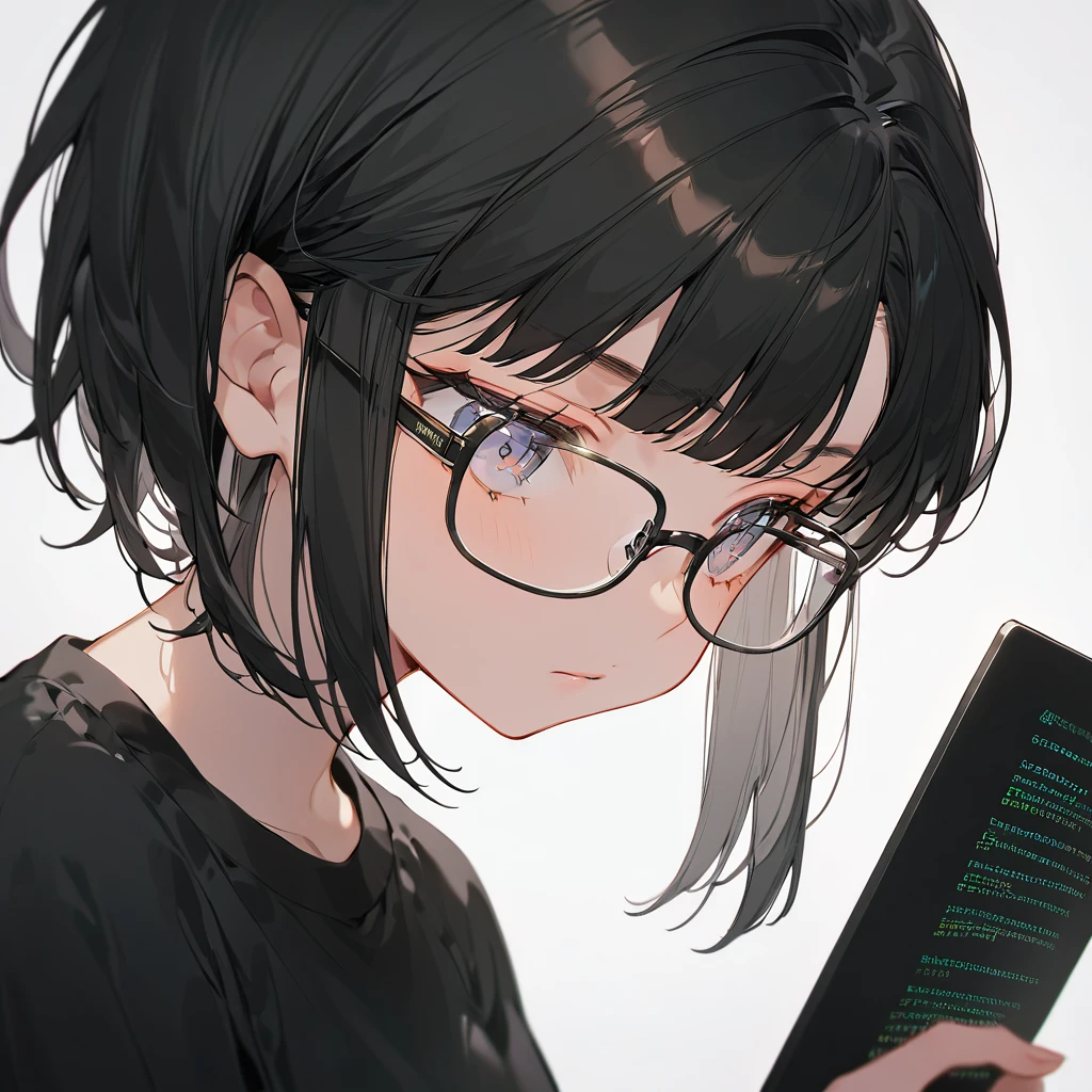 Boyish beautiful girl,Black very short hair,Black hair bangs, Wearing an oversized black T-shirt,Wearing glasses,Background is programming code,Close up of face,