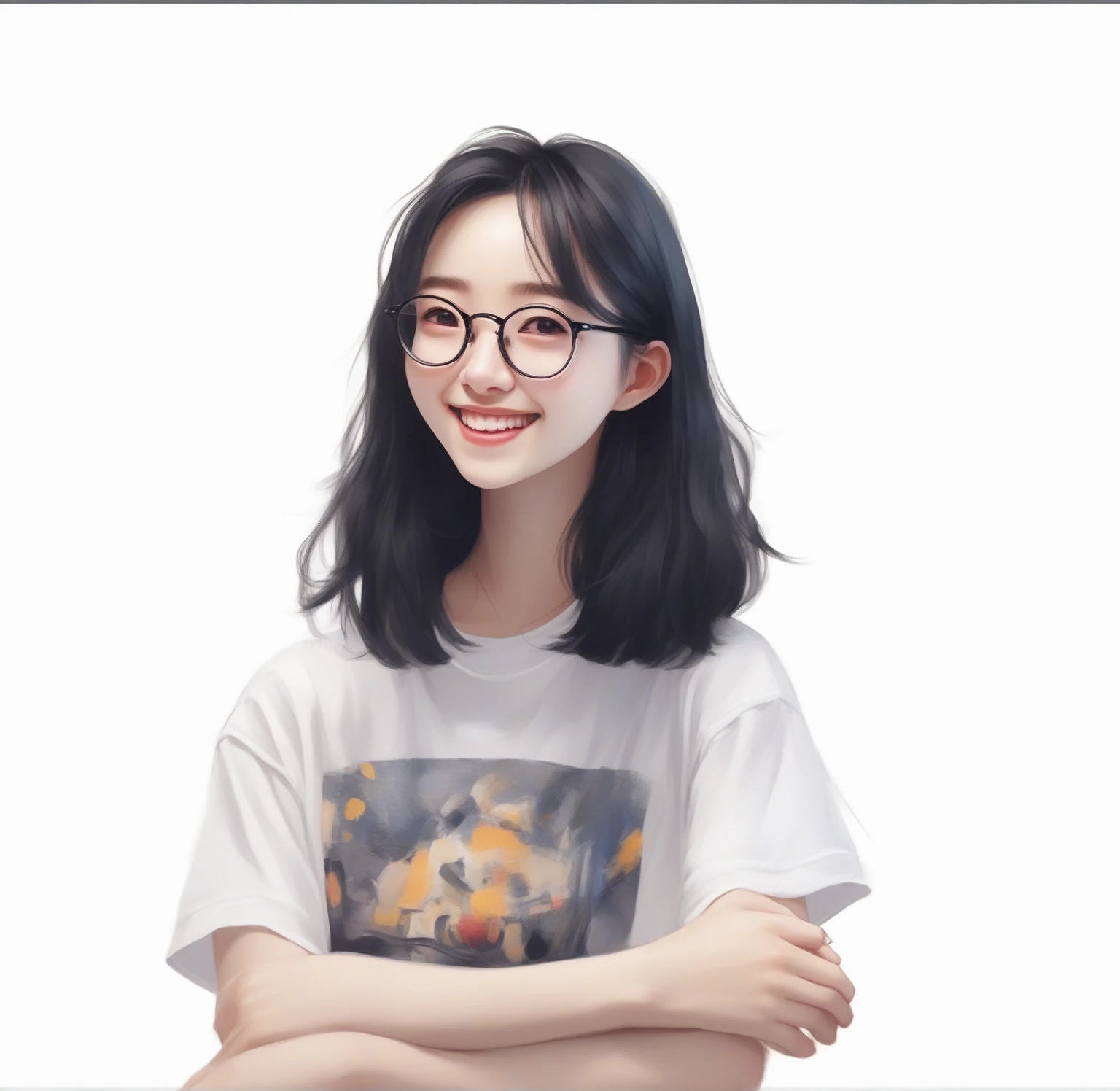 A girl,Black hair,wear glasses,Smile,White T-shirt,portrait,Q version,cute。