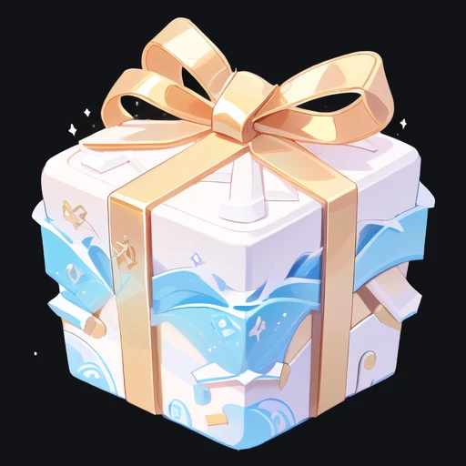 There is a small gift box，Summer theme，Waves，spray,gold的彩带，gold，，3d icons for mobile games, Game assets, Stylized game icons, Game Icon Assets, Loot Boxes, video game item, Gift, mobile Game assets, Magic Items, Fantasy game spell icons, Object Art, magically glowing, isometric Game assets, Written byKanbun Master,