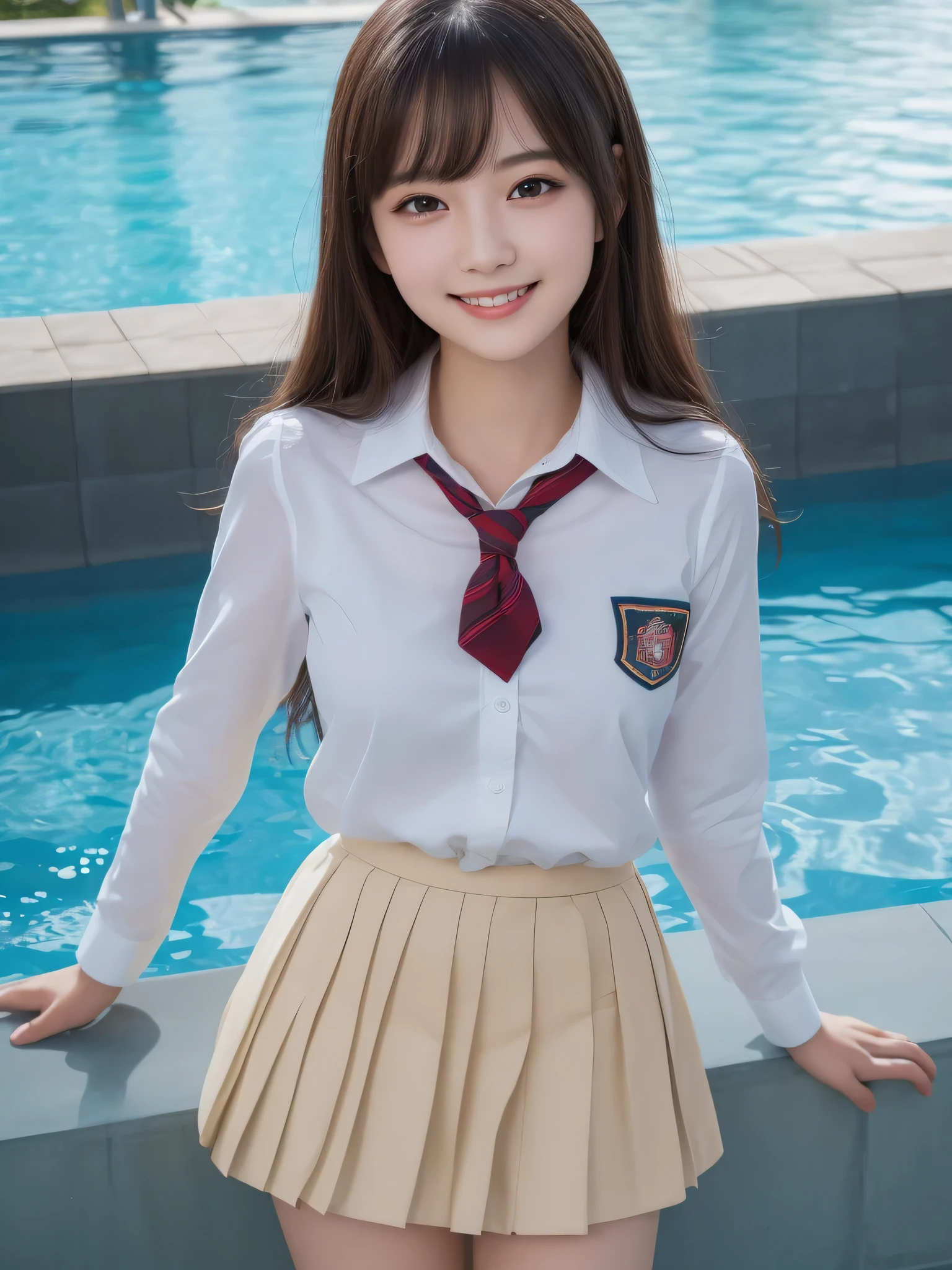 (1woman), kawaii, (round eyes:1.2), (highly detailed face and eyes),  Amazing face and eyes, (big smile), (school uniform, pleated mini skirt:1.3), (Best Quality:1.4), (Ultra-detailed), (extremely detailed CG unified 8k wallpaper), Highly detailed, High-definition raw color photos, Professional Photography, Realistic portrait, summer, (pool), (fine face:1.2),