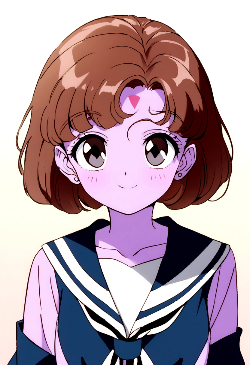 Youma body, pink skin, black eyes, two beige diamond markings and little wings on forehead, short brown hair, 1940's hairstyle, looking at viewer smiling, DD Girl,  sailor fuku, 