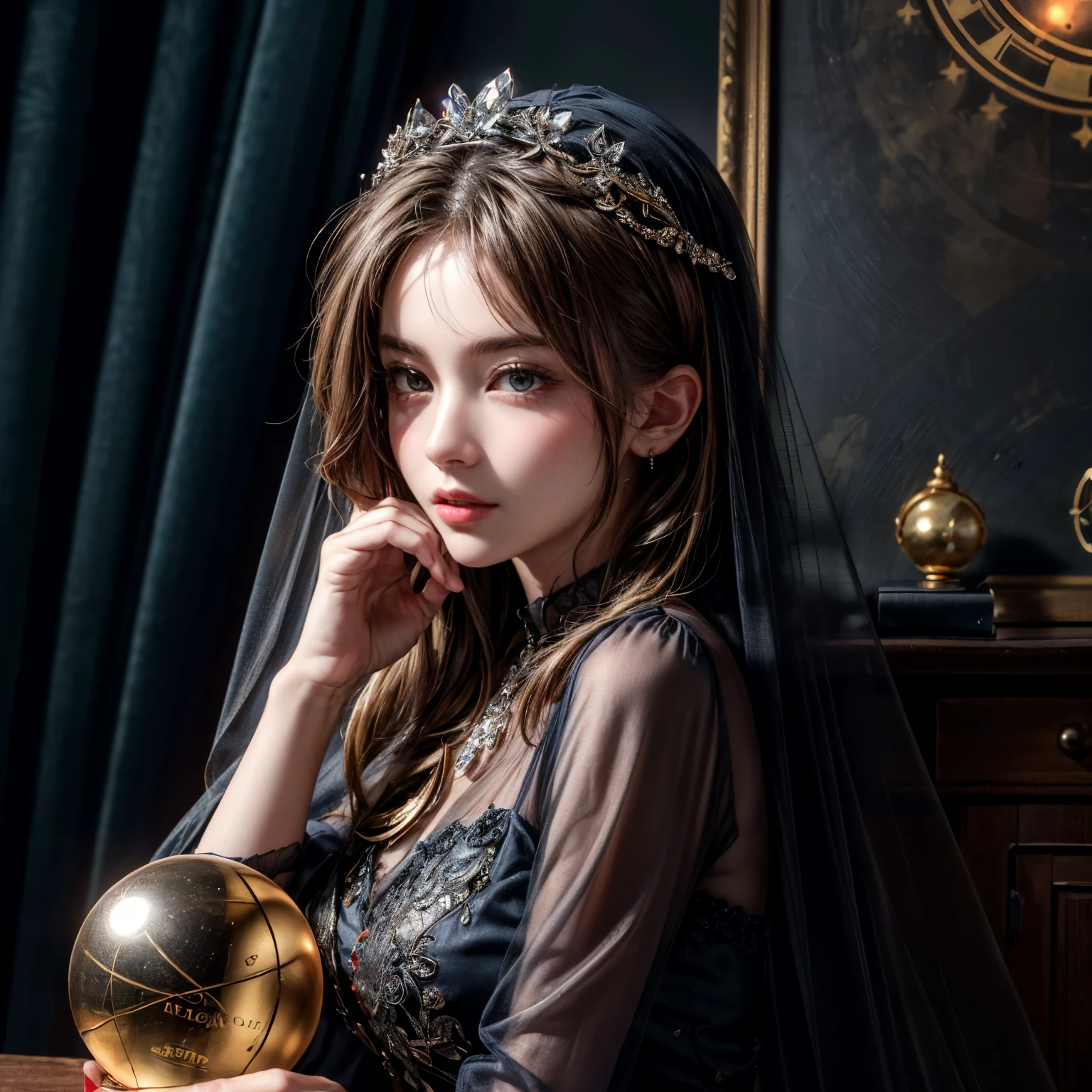modern style,Realistic,Real,Photorealistic,Actual photo,colorful,Inside the store,Dark and narrow room with closed curtains,No light comes in from outside,
((A large crystal ball in the middle of the desk,Horoscope on the wall,))
Orange lighting,mysterious,mysterious,
An astrologer,gently,((Her face was covered with a see-through veil)),
Across the desk,Get a Consultation,Listen,Tell me the way to go,
The interior is modeled after celestial bodies,Blue and Black,The curtains are closed,Celestial Image,
Detailed Description,View here,Mysterious atmosphere,
Perfect face and body,Detailed face,Perfect Anatomy,Beautiful Face,
masterpiece,Highest quality,8K,High resolution,Raw photo,Professional,Wide-angle shot,
Award-winning,Browsing Caution,
Low Key Lighting,Backlighting,
Eye Level Shot,Front shot,
Medium Shot,
Physically Based Rendering,
Thin contours,