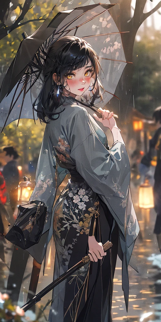 (black hair:1.4), black hair, long hair, browneyes, Chinese_grey_clothes, nature, 1girl, outdoors, standing, hold_an_umbrella in_hand, blurry, female_focus, tree, wide_sleeves, blurry_foreground, long_sleeves, depth_of_field, black_hair,cute, beautiful