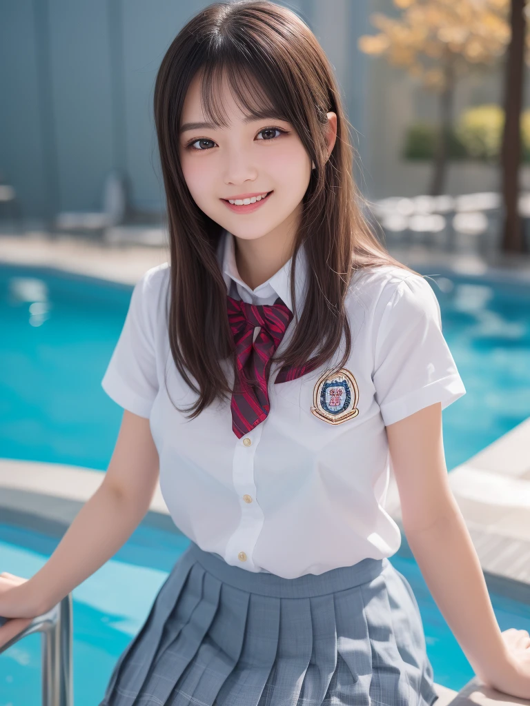(1woman), kawaii, (round eyes:1.2), (highly detailed face and eyes), Amazing face and eyes, (big smile), (school uniform, pleated mini skirt:1.3), (Best Quality:1.4), (Ultra-detailed), (extremely detailed CG unified 8k wallpaper), Highly detailed, High-definition raw color photos, Professional Photography, Realistic portrait, summer, (pool), (fine face:1.2),
