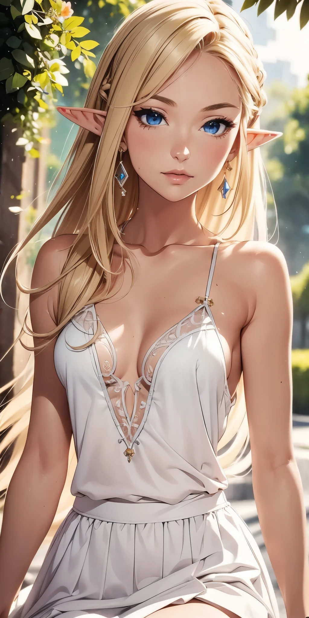 1 girl, Beautiful elf lady, blonde Long straight hair, upturn elf pointy ears, sexy figure, hot body, very beautiful face, detailed face, delicate eyes, detailed pupil, beautiful and delicate lips, blush, shy, heart, in love, white camisole long skirt, Simple and stylish, small crystal earrings, hand drawn animation, high detailed, outdoor, symmetrical clothes, best quality, masterpiece, retina,