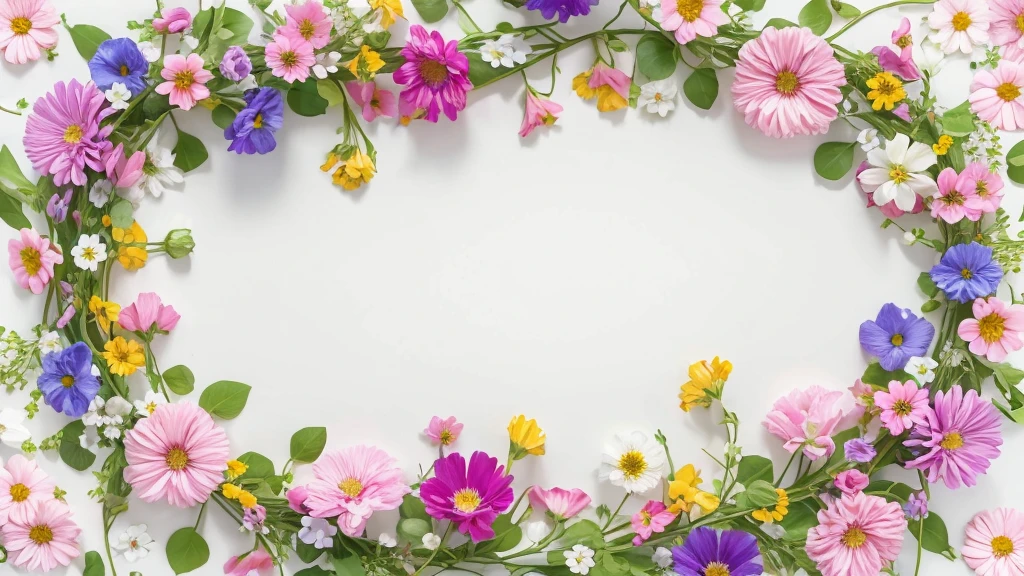 White center background, colorful multicolored flowers, free spirited flower vine, floral background, floral detail, dreamy floral background, floral motif, floral dream, pressed flowers, floral pattern, white background without shadow, 8k, colorful and vibrant flowers in oval garland