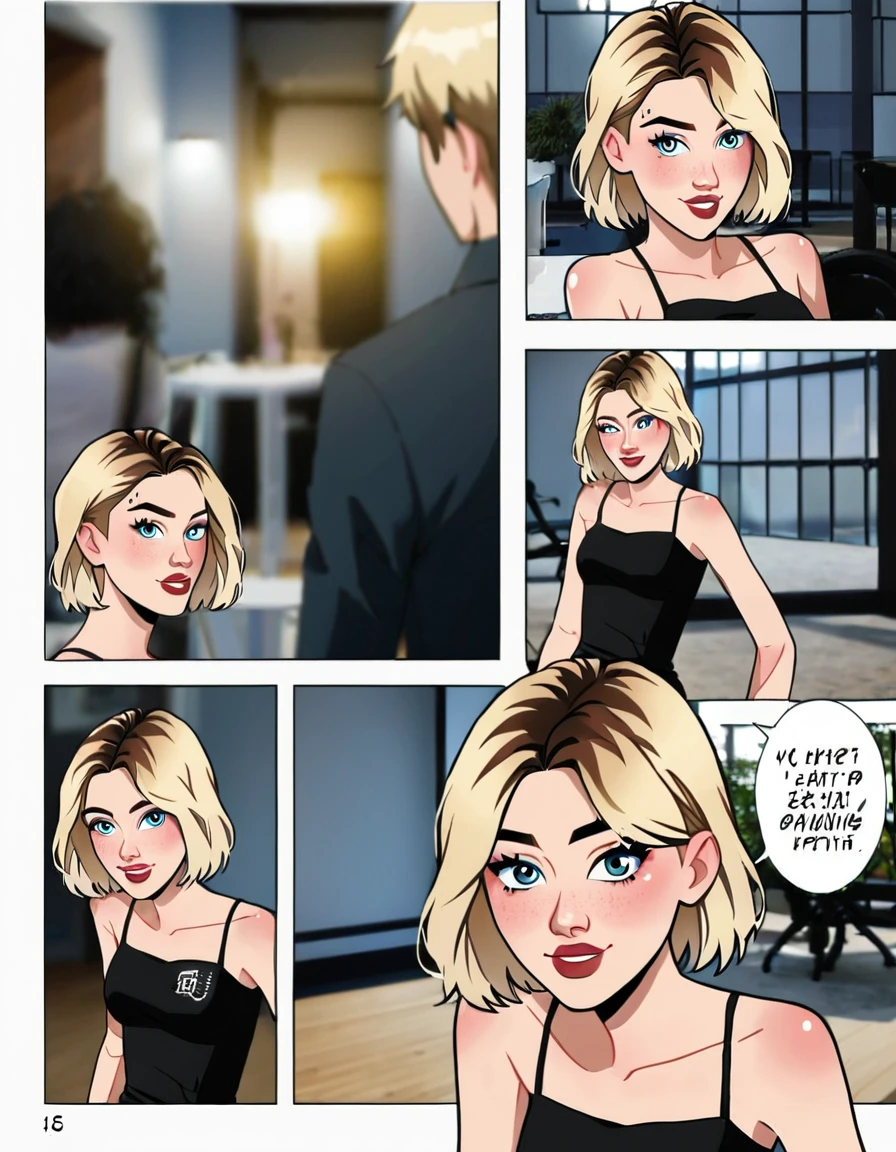 rating_safe, source_cartoon, comic storyboard, (short hair Gwen Stacy:1.2), exuding elegance and confidence in various sexy outfits. Her flawless complexion and radiant smile captivate the viewer, embodying grace and style. The photo is set in her bedroom where she is (trying on clothes:1.3). The composition showcasing the woman's fashionable ensemble and poised demeanor. Soft, natural lighting highlights her features with a subtle glow.