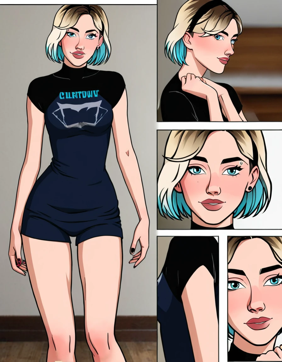 rating_safe, source_cartoon, comic storyboard, (short hair Gwen Stacy:1.2), exuding elegance and confidence in various sexy outfits. Her flawless complexion and radiant smile captivate the viewer, embodying grace and style. The photo is set in her bedroom where she is (trying on clothes:1.3). The composition showcasing the woman's fashionable ensemble and poised demeanor. Soft, natural lighting highlights her features with a subtle glow.