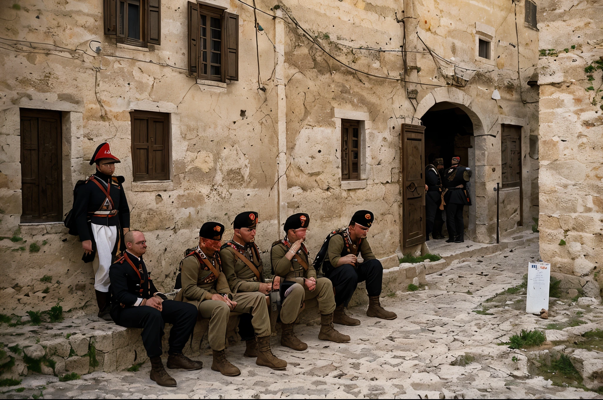 Epic battle in sassi_di_matera, soldiers in the streets of Matera. High details.