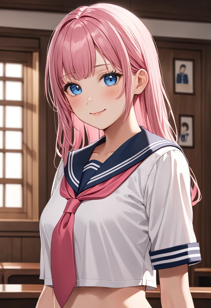 (masterpiece, top quality, very aesthetic, 4k、), intricate detail, 1girl,stand、(cowboy shot)、light smile、(Long sideburns)、
Cute 、pink hair、straight hair,middle hair,sidelock ,,blue eyes、serafuku、sailor uniform、small breasts,Slim 、