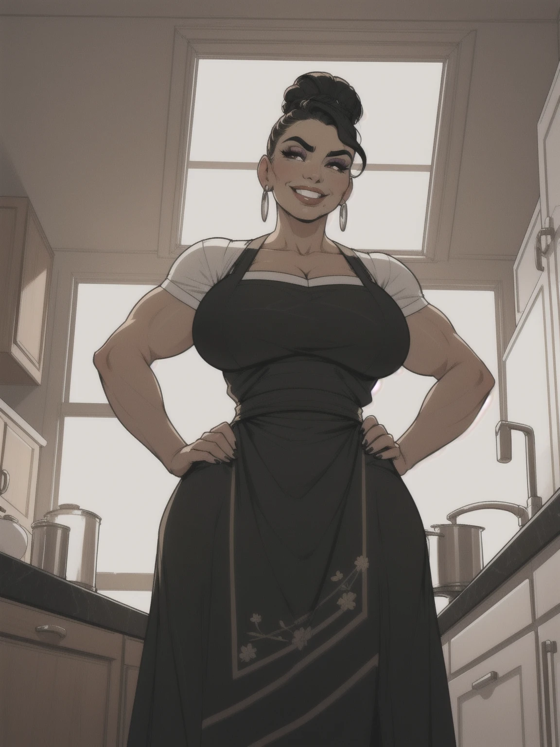 mature woman, solo, 1woman, retro, wearing dress and apron, standing in kitchen, modern kitchen, (huge breasts:1.1), muscular, black hair, updo, hair bun, makeup, looking down at viewer, hands on hips, (from below:1.3), (extremely low angle:1.2), smiling, incase
