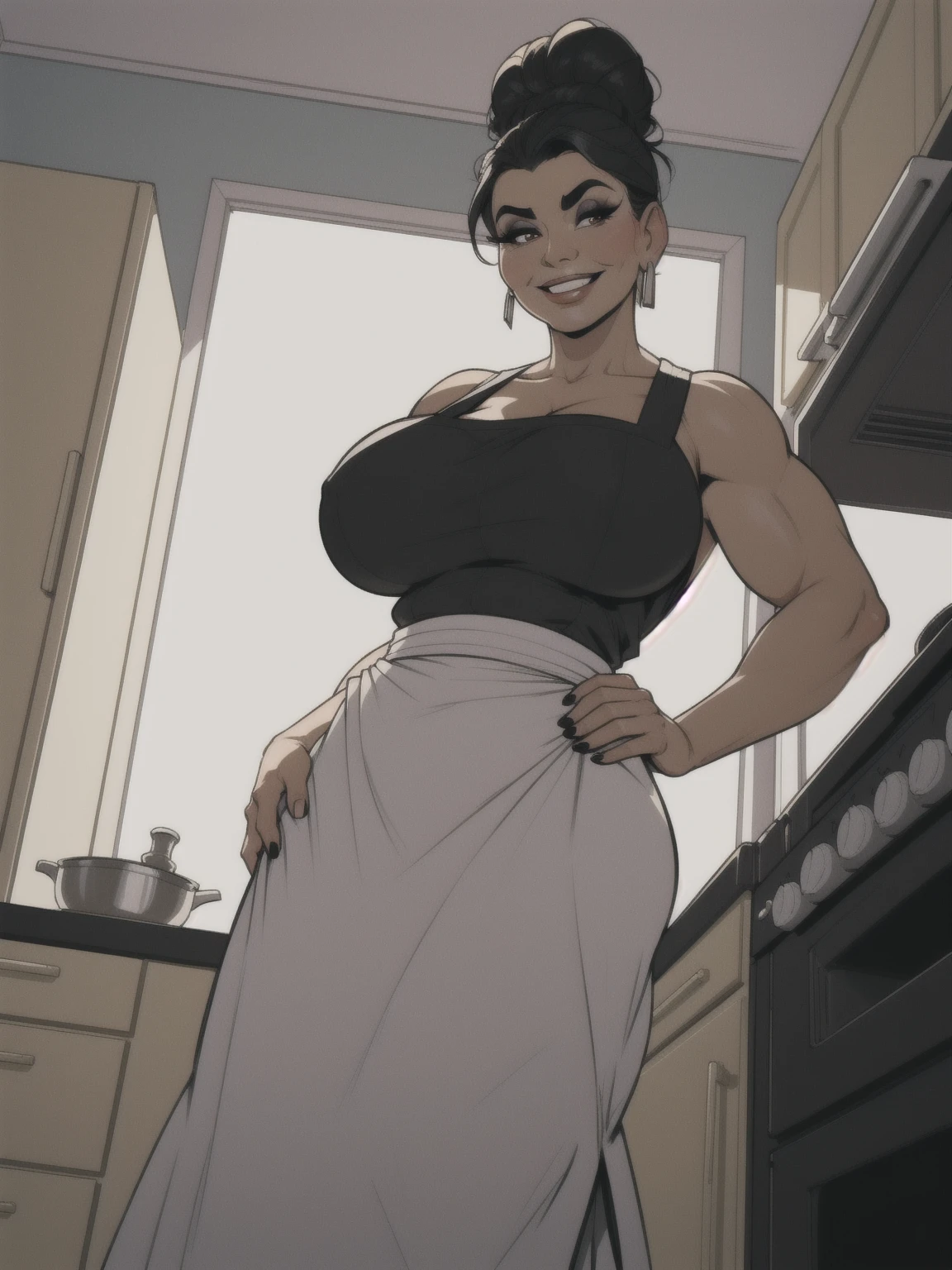 mature woman, solo, 1woman, retro, wearing dress and apron, standing in kitchen, modern kitchen, (huge breasts:1.1), muscular, black hair, updo, hair bun, makeup, looking down at viewer, hands on hips, (from below:1.3), (extremely low angle:1.2), smiling, incase