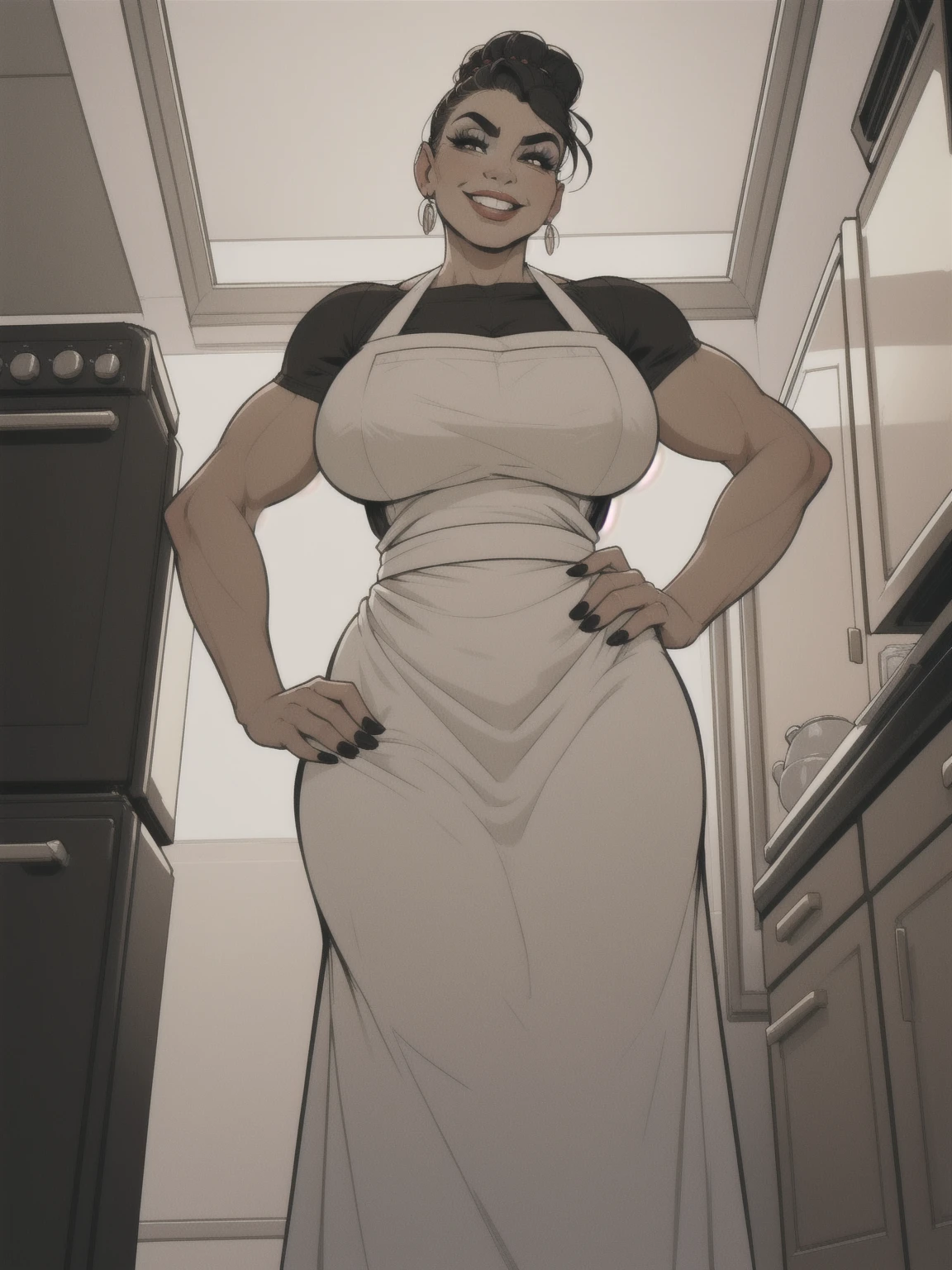 mature woman, solo, 1woman, retro, wearing dress and apron, standing in kitchen, modern kitchen, (huge breasts:1.1), muscular, black hair, updo, hair bun, makeup, looking down at viewer, hands on hips, (from below:1.3), (extremely low angle:1.2), smiling, incase