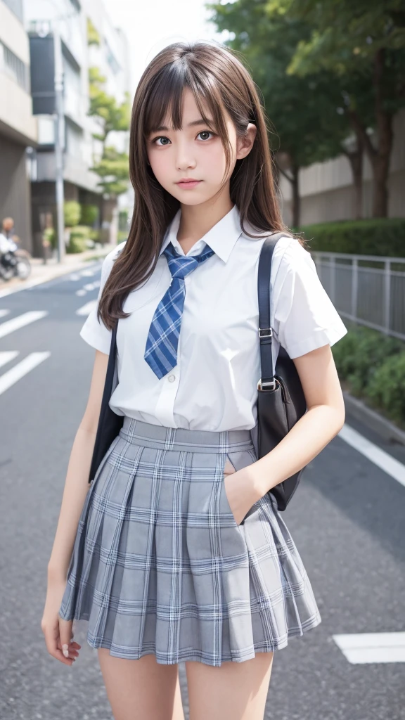 Japanese 18 year old high school girl、White shirt and grey vest、Grey and light blue checkered mini skirt