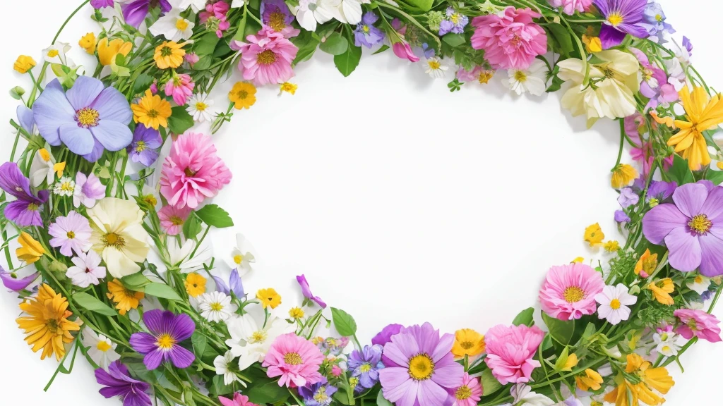 White center background, colorful multicolored flowers, free spirited flower vine, floral background, floral detail, dreamy floral background, floral motif, floral dream, pressed flowers, floral pattern, white background without shadow, 8k, colorful and vibrant flowers in oval garland