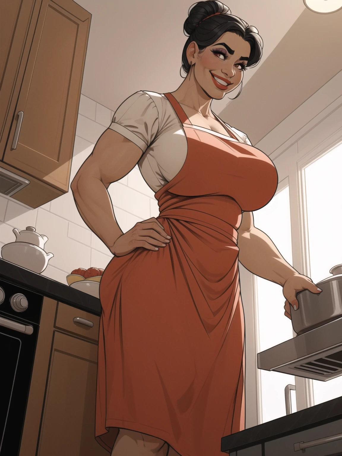 mature woman, solo, 1woman, retro, wearing dress and apron, standing in kitchen, modern kitchen, (huge breasts:1.1), muscular, black hair, updo, hair bun, makeup, looking down at viewer, hands on hips, (from below:1.3), (extremely low angle:1.2), smiling, incase