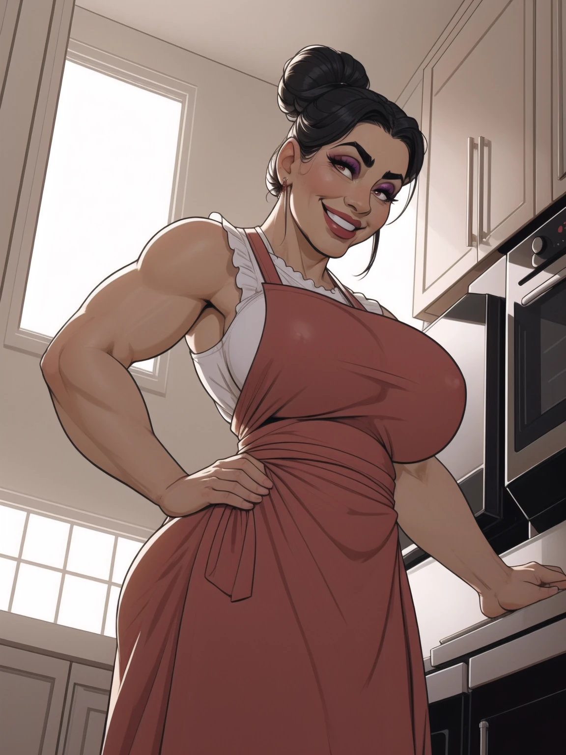 mature woman, solo, 1woman, retro, wearing dress and apron, standing in kitchen, modern kitchen, (huge breasts:1.1), muscular, black hair, updo, hair bun, makeup, looking down at viewer, hands on hips, (from below:1.3), (extremely low angle:1.2), smiling, incase