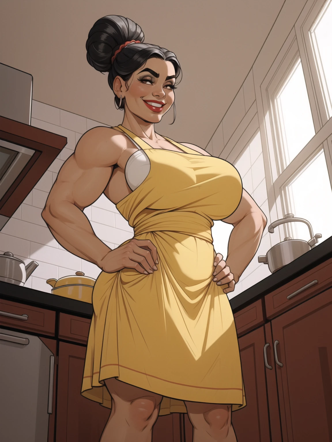 mature woman, solo, 1woman, retro, wearing dress and apron, standing in kitchen, modern kitchen, (huge breasts:1.1), muscular, black hair, updo, hair bun, makeup, looking down at viewer, hands on hips, (from below:1.3), (extremely low angle:1.2), smiling, incase