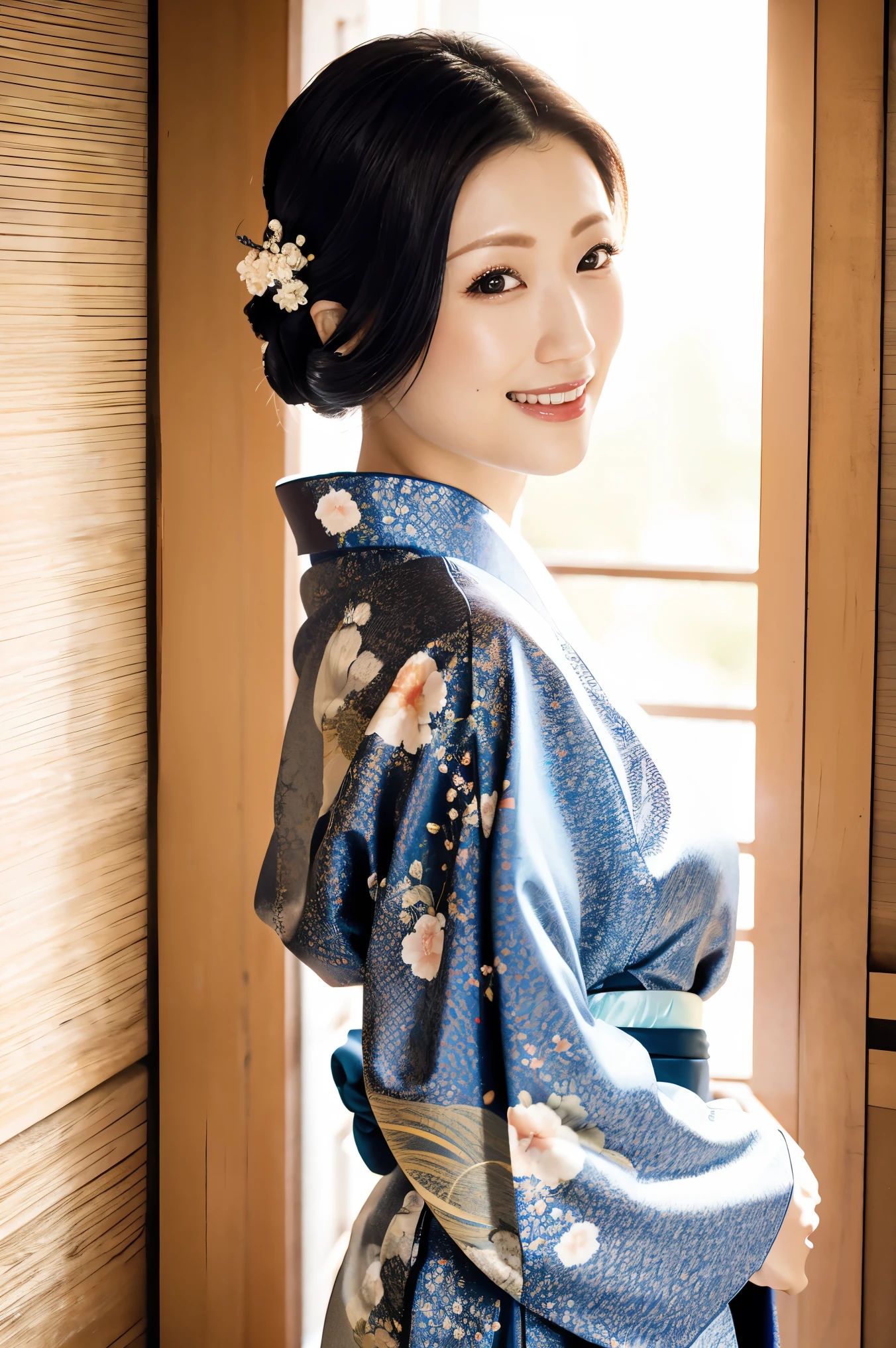 (Highest quality、Tabletop、8K、Best image quality、Award-winning works)、(1 Beautiful Mature Woman:1.1)、(Innkeeper:1.1)、(Elegant floral kimono:1.2)、(A kimono with a perfect and accurate collar:1.2)、Perfect Mature Woman Portrait Photo、Glowing Skin、Standing Elegantly、(Blurred elegant and elaborate perfect Japanese style room background:1.3)、(The most natural and perfect tidy Japanese-style room background:1.2)、(Elegant and luxurious Japanese style room background:1.1)、Glowing White Skin、Very white skin、(Accentuate your body lines:1.1)、(The most elegant posture:1.2)、(Large Breasts:1.2)、(Chignon:1.2)、(Accurate anatomy:1.2)、(A smile looking at me:1.2)、(Stand elegantly facing forward:1.2)、(Front view:1.1)