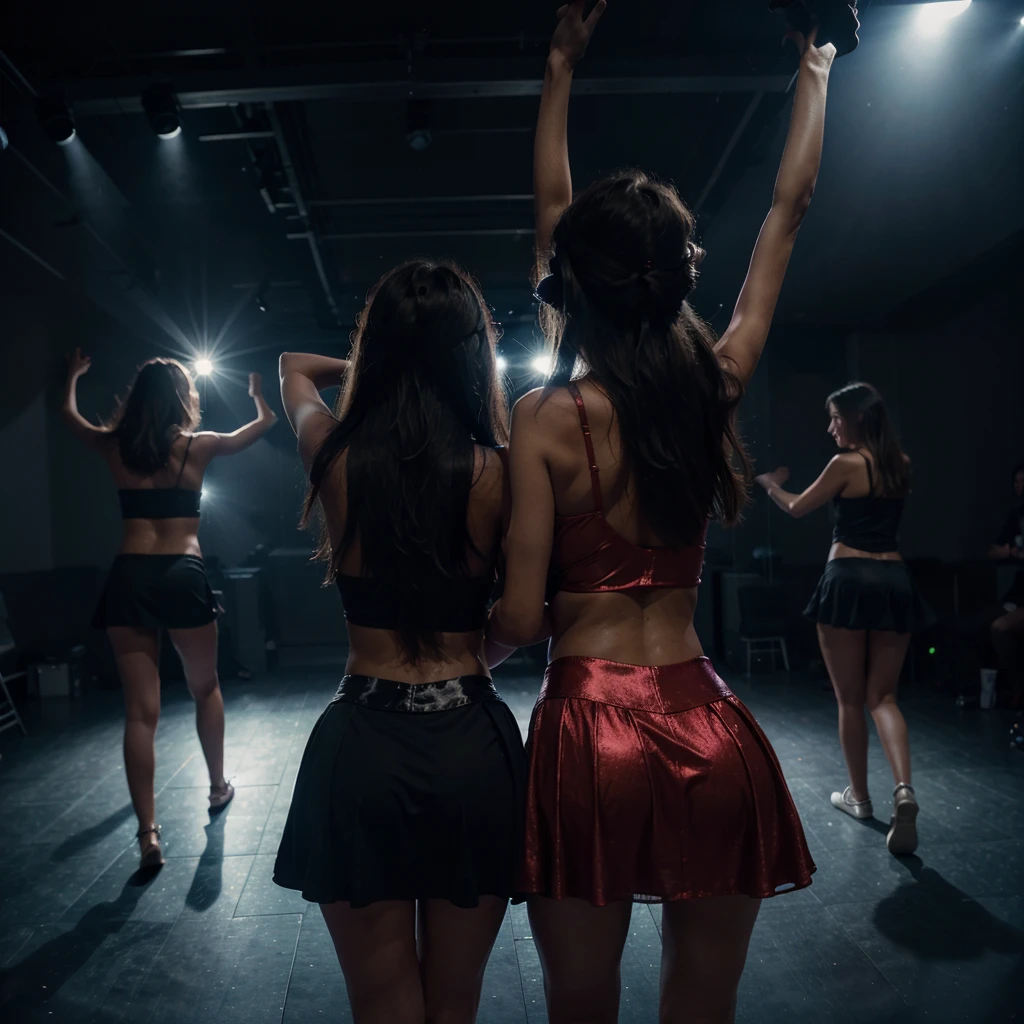 picture of three woman from behind in a dark scee in a dance club, 8k, high,quality, perfect studio light, wearing party dress and are dancing on the dancefloor, enjoy the music, smiling to the DJ, no faces