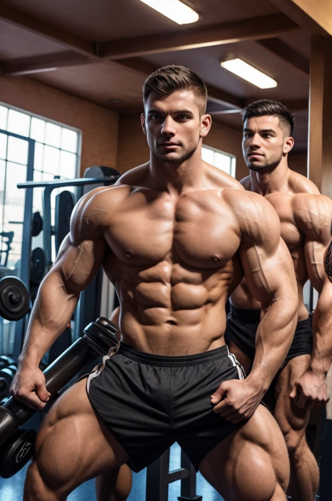 10 men group, work out in the gym, hyper muscular , shirtless , group