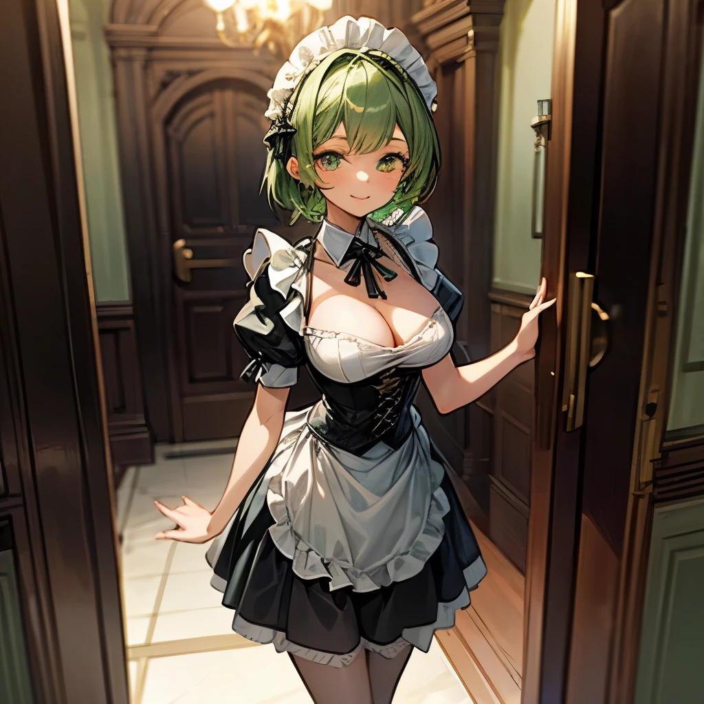 Girl with medium green hair, green eyes, maid costume, neckline, big breasts. Standing and smiling, entrance to the rich mansion, outside, 