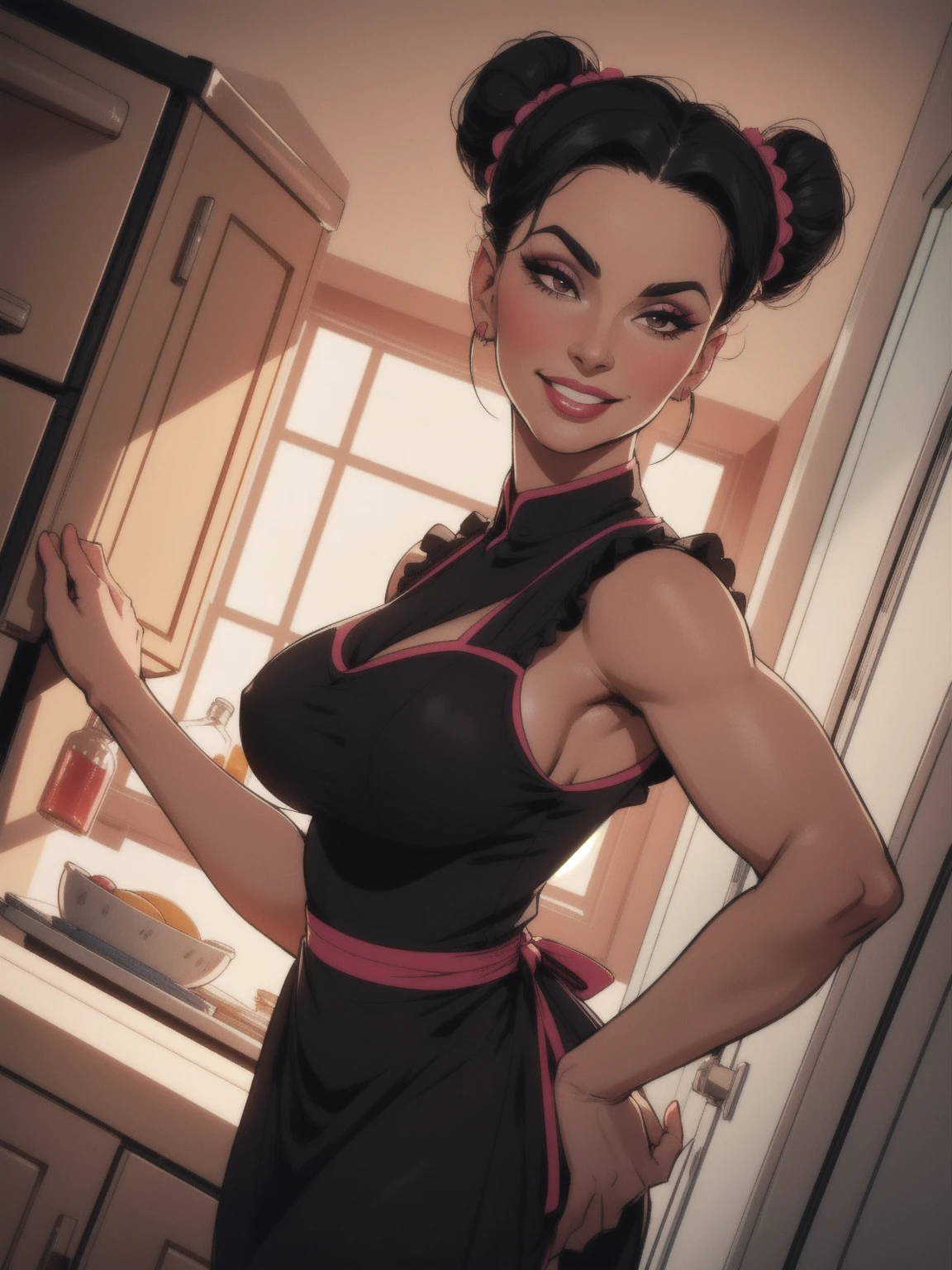 mature woman, solo, 1woman, retro, wearing dress and apron, standing in kitchen, modern kitchen, (huge breasts:1.1), muscular, black hair, updo, hair bun, makeup, looking down at viewer, hands on hips, (from below:1.3), (extremely low angle:1.2), smiling, incase