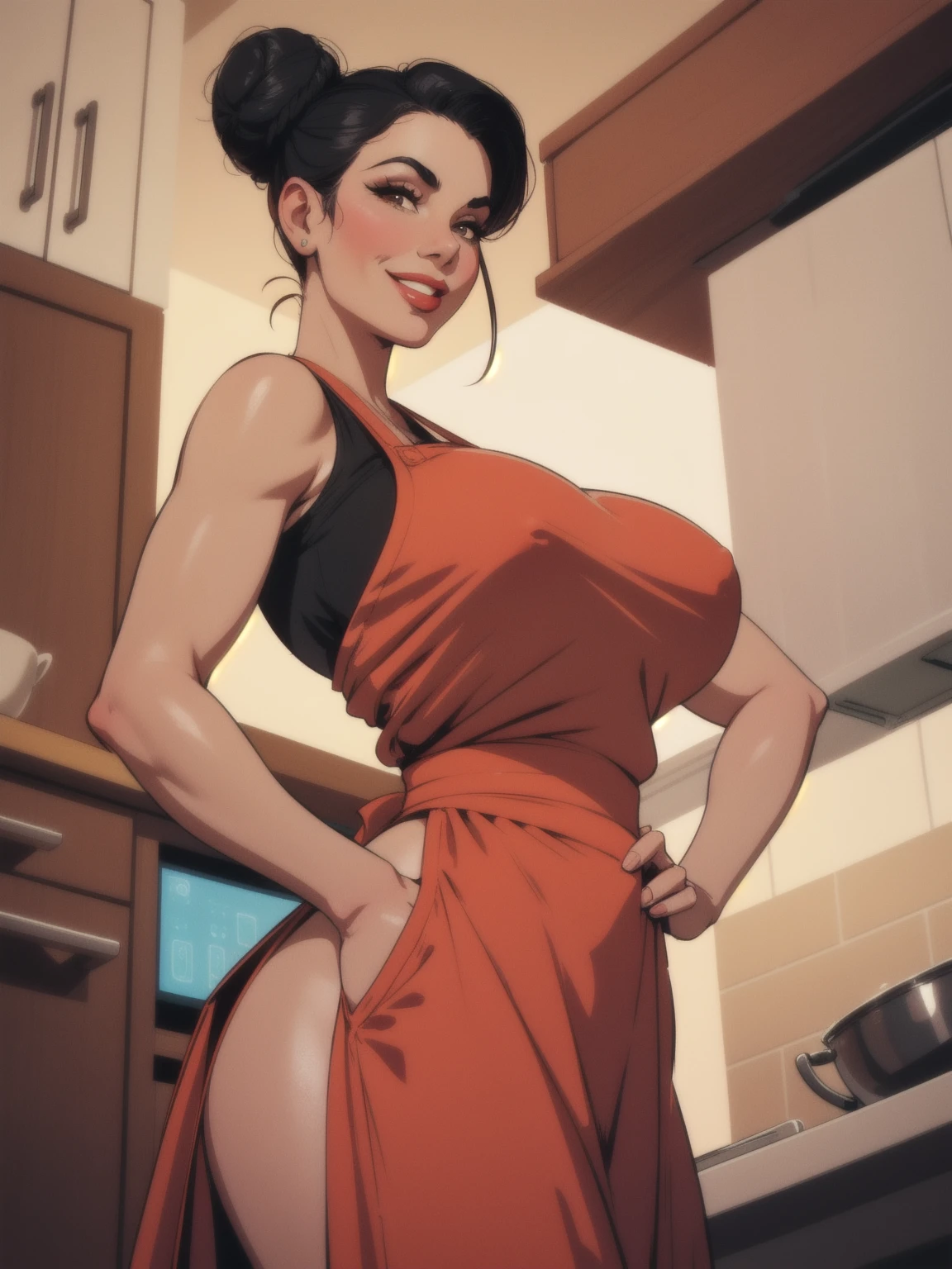 mature woman, solo, 1woman, retro, wearing dress and apron, standing in kitchen, modern kitchen, (huge breasts:1.1), muscular, black hair, updo, hair bun, makeup, looking down at viewer, hands on hips, (from below:1.3), (extremely low angle:1.2), smiling, incase