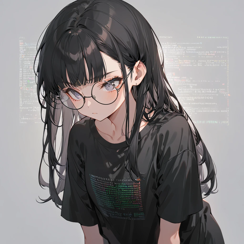 beautiful girl,Black hair bangs, Wearing an oversized black T-shirt,Wearing round glasses,Background is programming code,Face facing forward and up