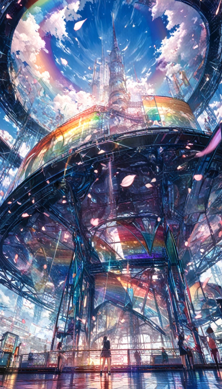 Highest quality, Super quality, 16K, Incredibly absurd, Very detailed, delicate and dynamic, A mysterious, gigantic artistic structure made of chrome-plated framework and glass, After the Rain, Sunlight shines through the gaps in the clouds, The glass reflects the colors of the rainbow、The analyzer is displayed, Many rainbow-colored petals fall, The grass is covered with mist, Create amazing image effects, break (Monochrome, dancing beauty, Sensual expression, Gothic astrologer outfit), Point your finger at the camera, Sitting on a Chinese-style chair, At the desk, Tarot Card Reading,