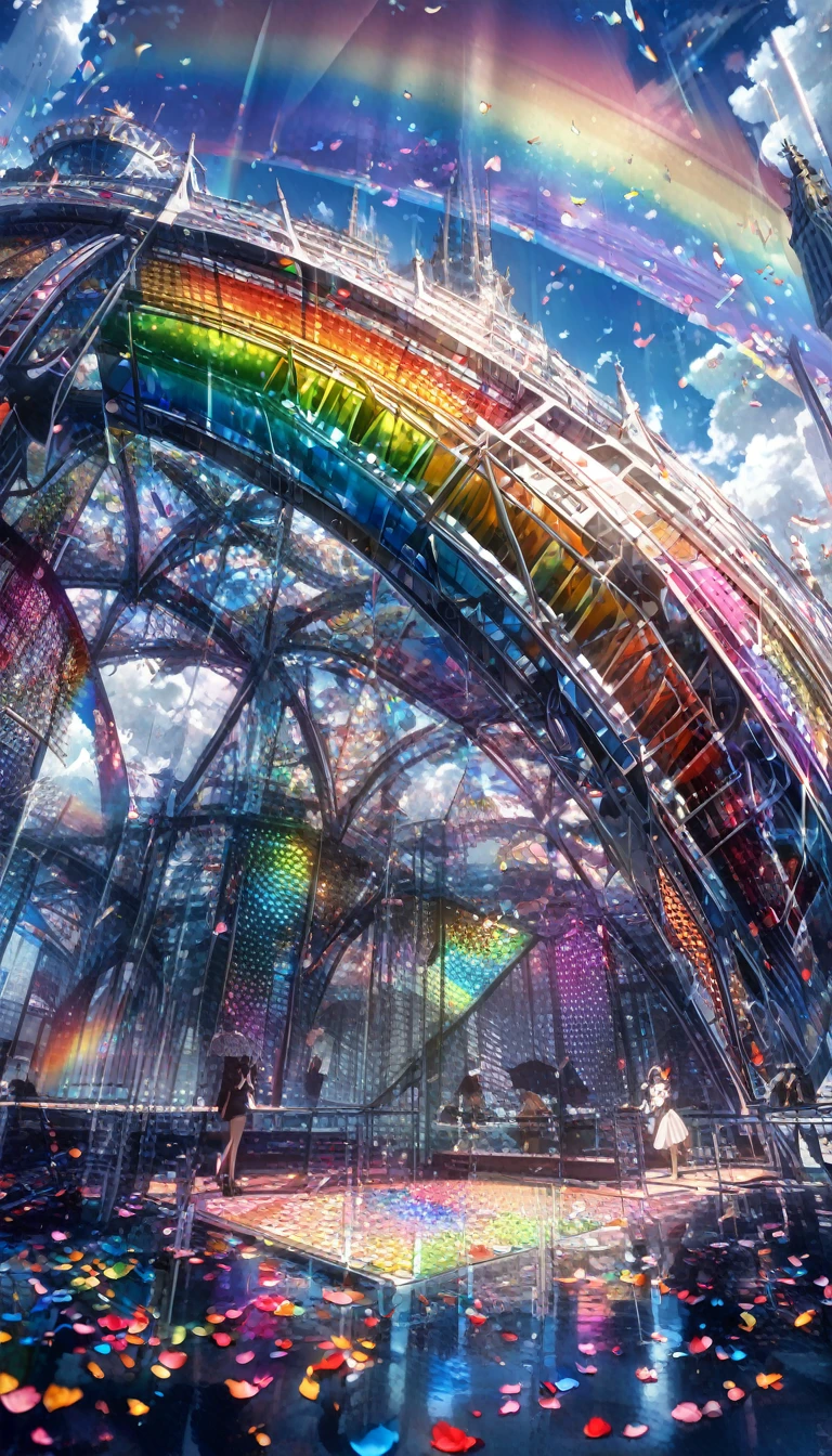 Highest quality, Super quality, 16K, Incredibly absurd, Very detailed, delicate and dynamic, A mysterious, gigantic artistic structure made of chrome-plated framework and glass, After the Rain, Sunlight shines through the gaps in the clouds, The glass reflects the colors of the rainbow、The analyzer is displayed, Many rainbow-colored petals fall, The grass is covered with mist, Create amazing image effects, break (Monochrome, dancing beauty, Sensual expression, Gothic astrologer outfit), Point your finger at the camera, Sitting on a Chinese-style chair, At the desk, Tarot Card Reading,